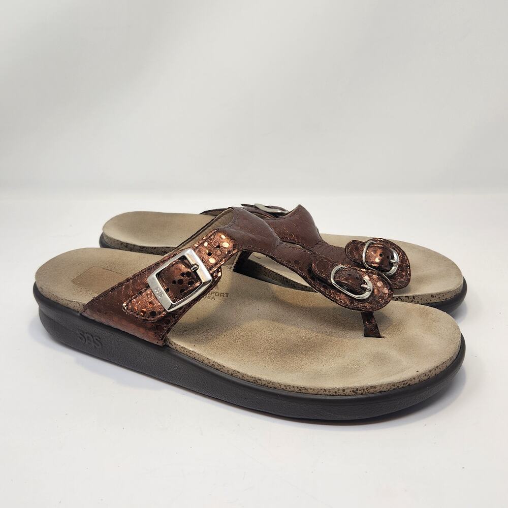SAS Sanibel Bronze Metallic Leather Toe Post Slide Sandal Size 9.5M Comfort